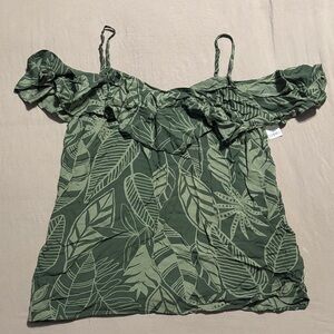 Green Leaf Print Off-Shoulder Top